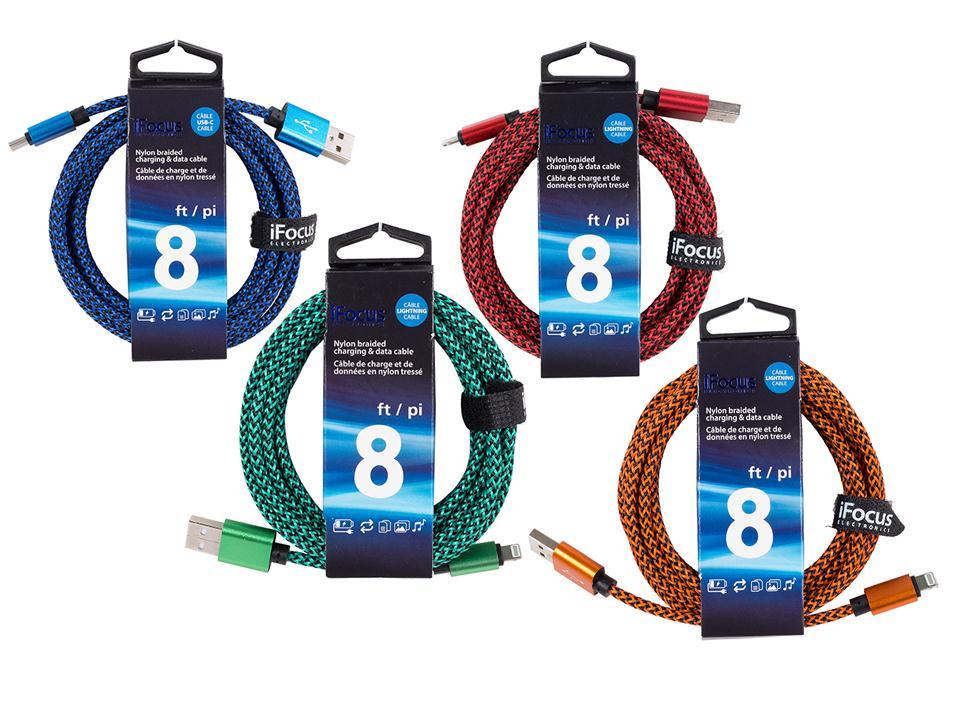 iFocus, 8 ft. Lightning data cable 2 tone Braided, 4 Color with Strap