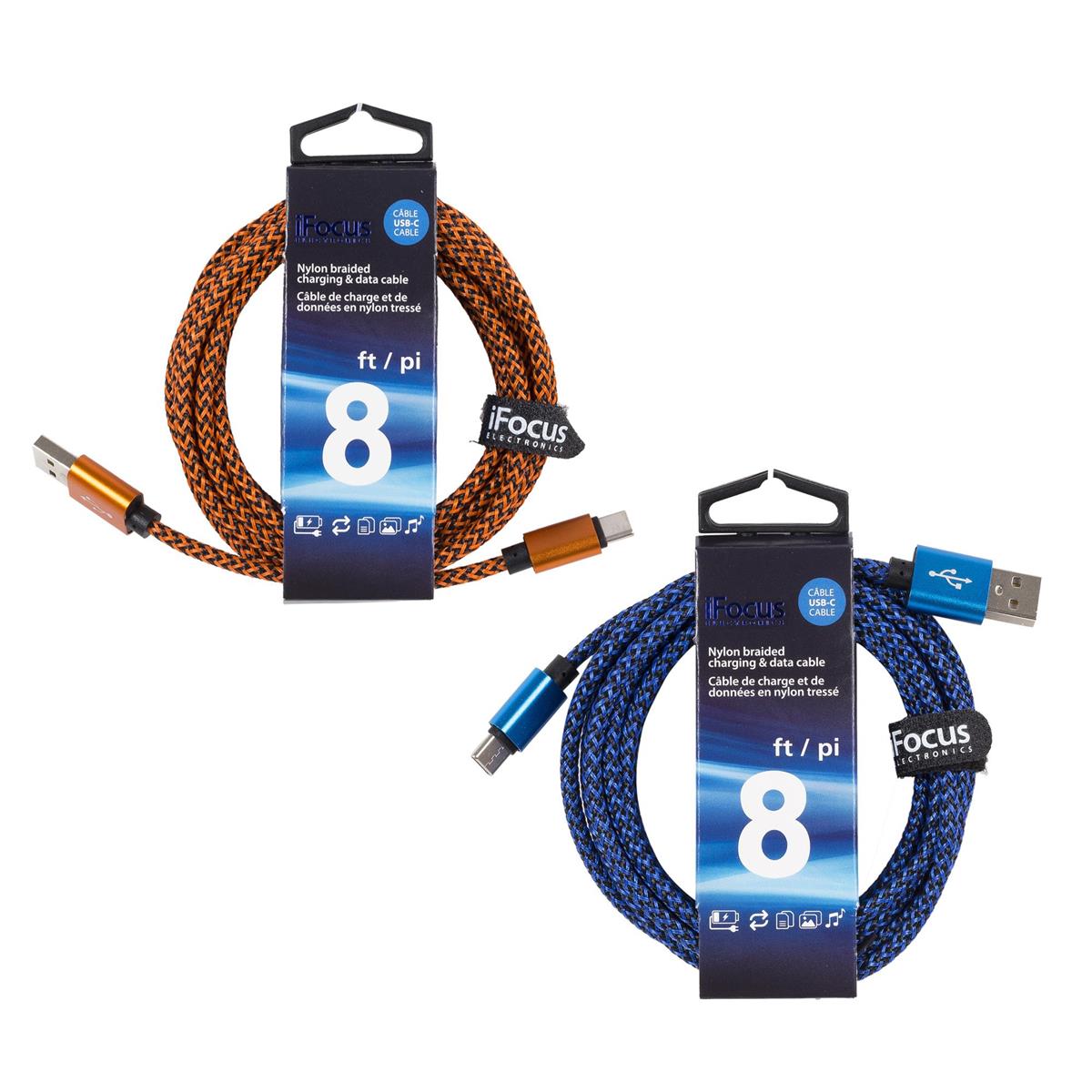 iFocus, 8 ft. USB-C data cable 2 tone Braided,  4 Color with Strap
