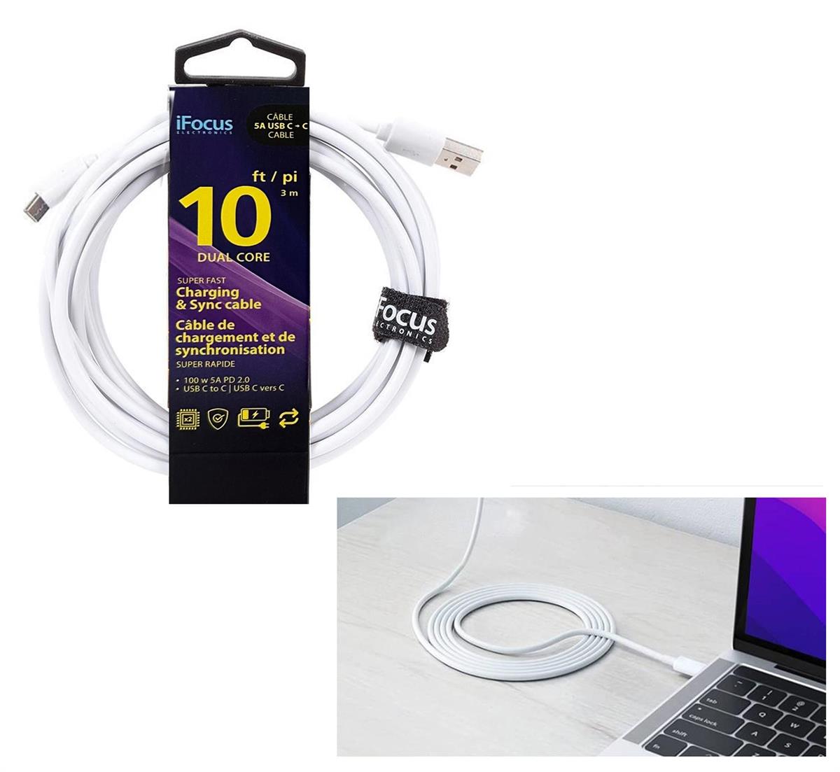 iFocus, 10 ft. USB-C data cable, White, with Strap