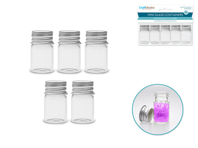 Glass Bottles: 22x40mm (9ml) Mini Containers w/Matte Aluminum Cap x5