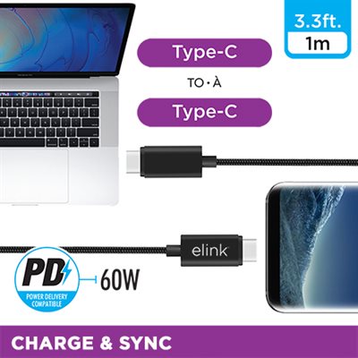 3.3 ft Type-C to Type-C 60W Power Delivery fast charging cable