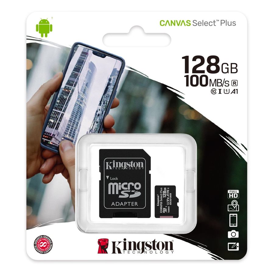 Kingston 128GB MicSDXC Canvas Select Plus Memory Card and Adapter 100R A1 C10 Card+ADP