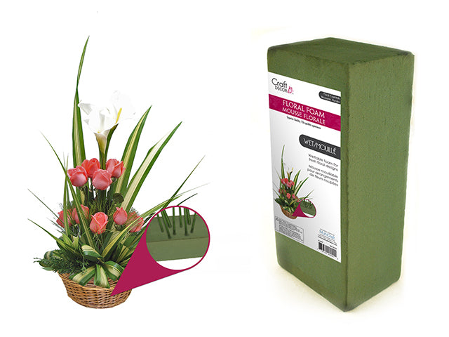 Floral Foam Suitable for Wet Flowers, Dimensions 9"x3"x4", Shrinkwrapped, Product Code 046501025043