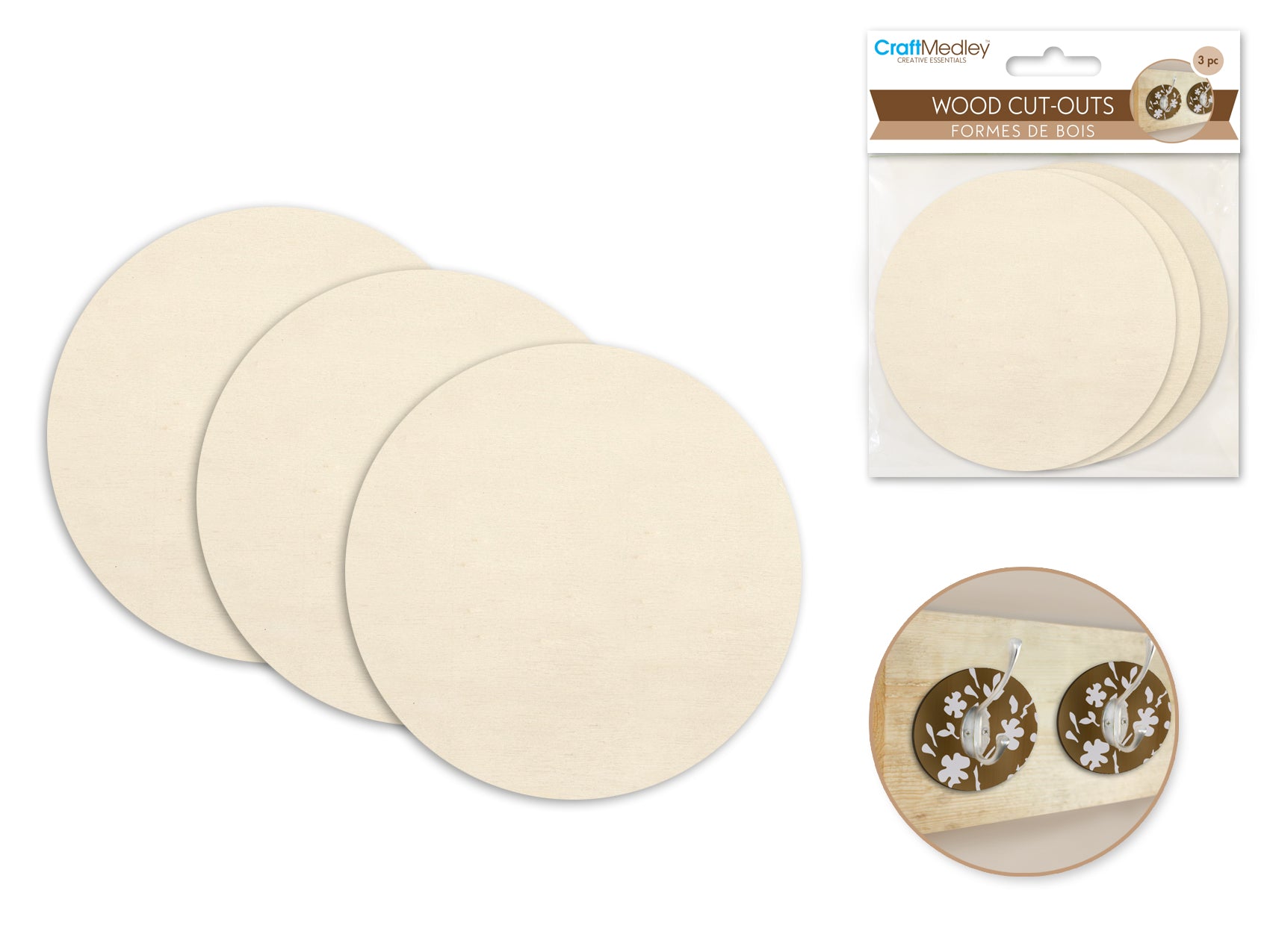 Craftwood: Set of 3 Wood Cut-Outs, 6mm Thickness, 8.7cm Diameter, Round Shape