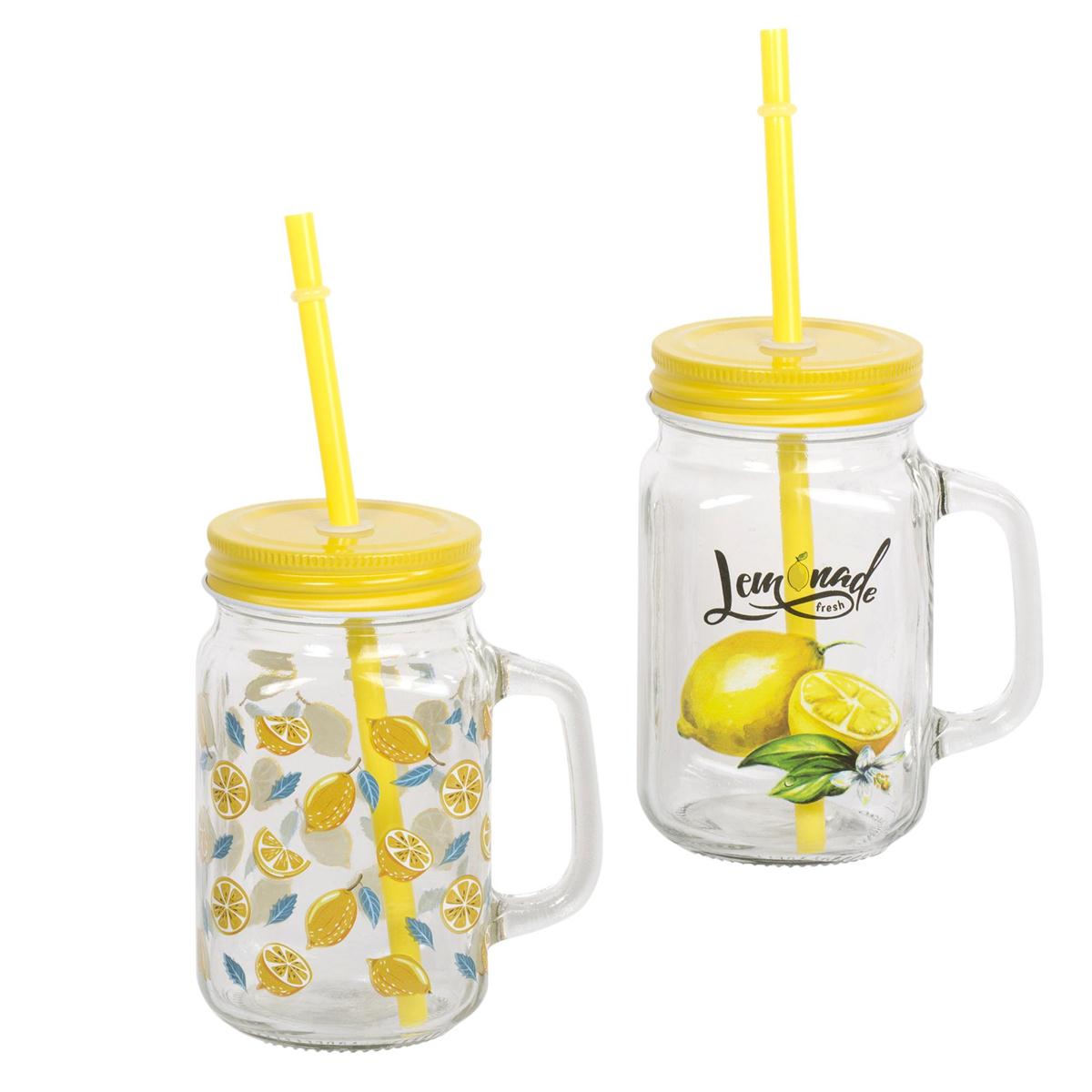 Luciano 480ml Glass Mason Jar- Lemon Print, w/Lid & Straw