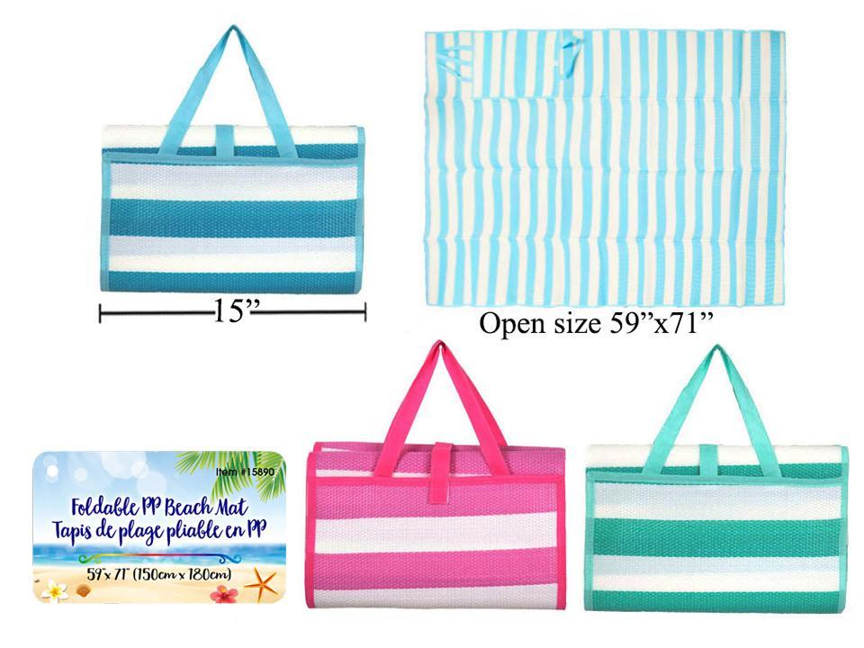 59"x71" Foldable PP Cabana Striped Beach Mat w/Closure & Pocket